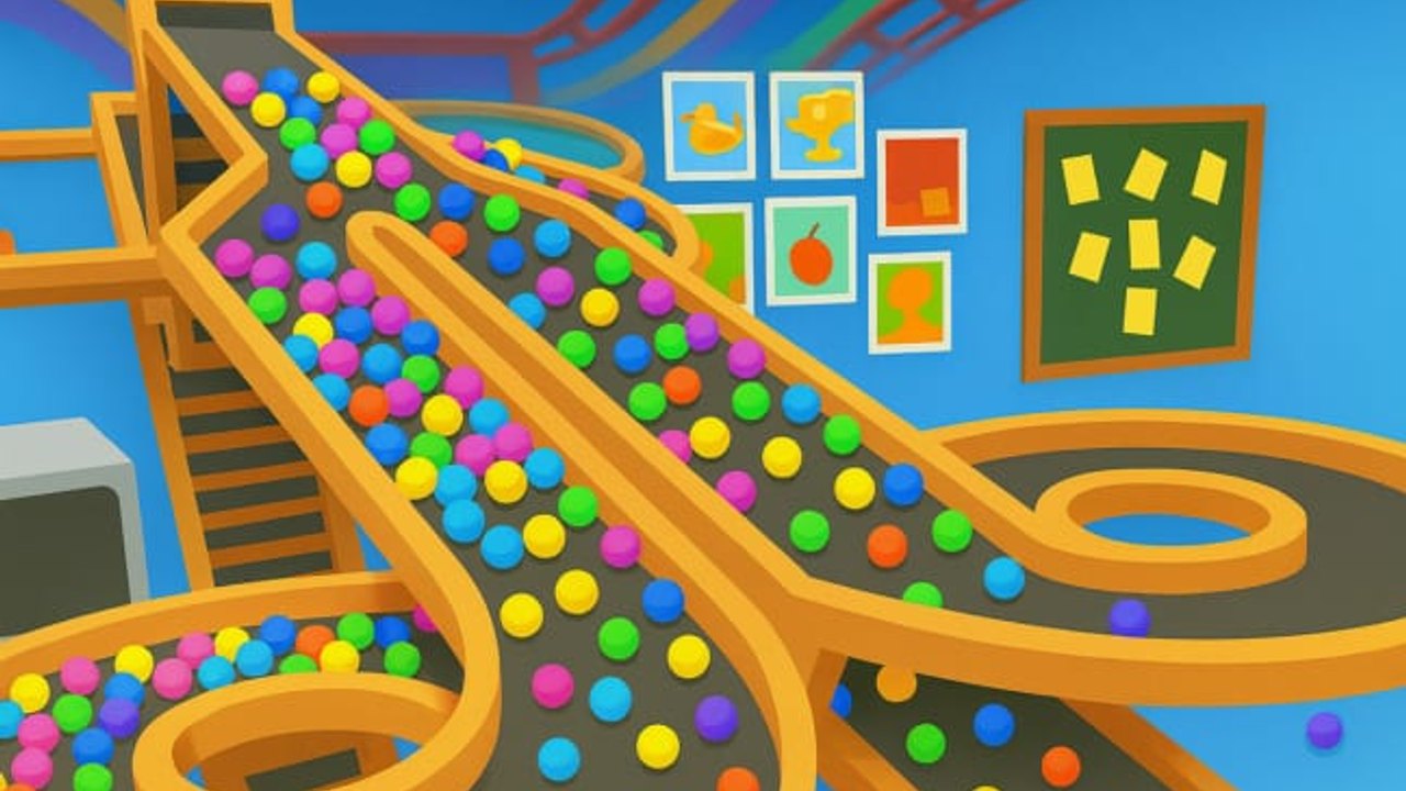 Colorful indoor marble-run track packed with balls in BALL DROP GAME on Roblox