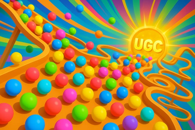 Colorful balls pouring down an orange Zapland marble run toward a UGC sunburst