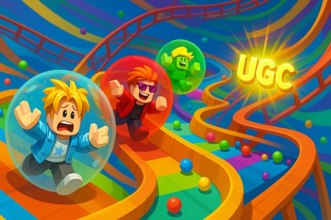 Avatars sealed in giant balls racing a rainbow marble track in BALL DROP GAME