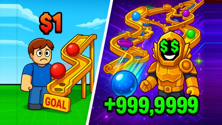 Split art of a starter one-dollar drop versus a golden Zapland tycoon maze